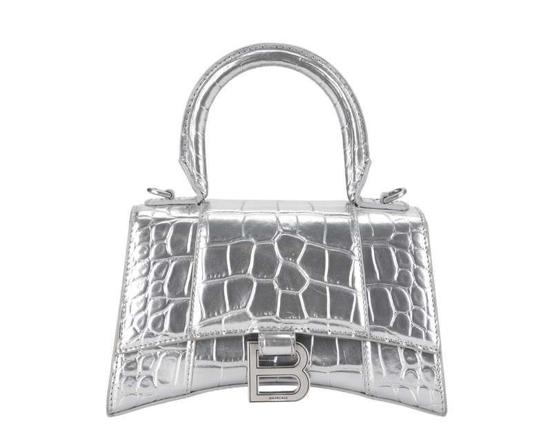 BALENCIAGA HOURGLASS XS HANDBAG IN SILVER METALLIC CROC-EFFECT LEATHER SILVER HARDWARE NO DUST COVER