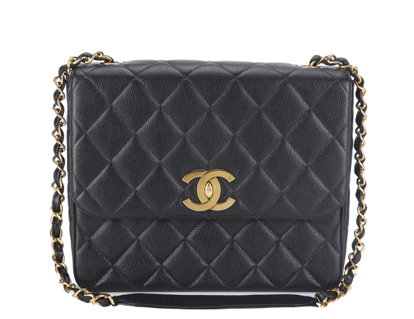 CHANEL VINTAGE LARGE CC SQUARE FLAP [(314xxxx)1994-1996] BLACK CAVIAR GOLD HARDWARE WITH CARD AND DUST COVER