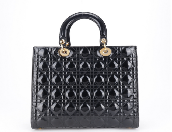 CHRISTIAN DIOR LADY DIOR LARGE PATENT BLACK GOLD HARDWARE WITH CARD AND DUST COVER