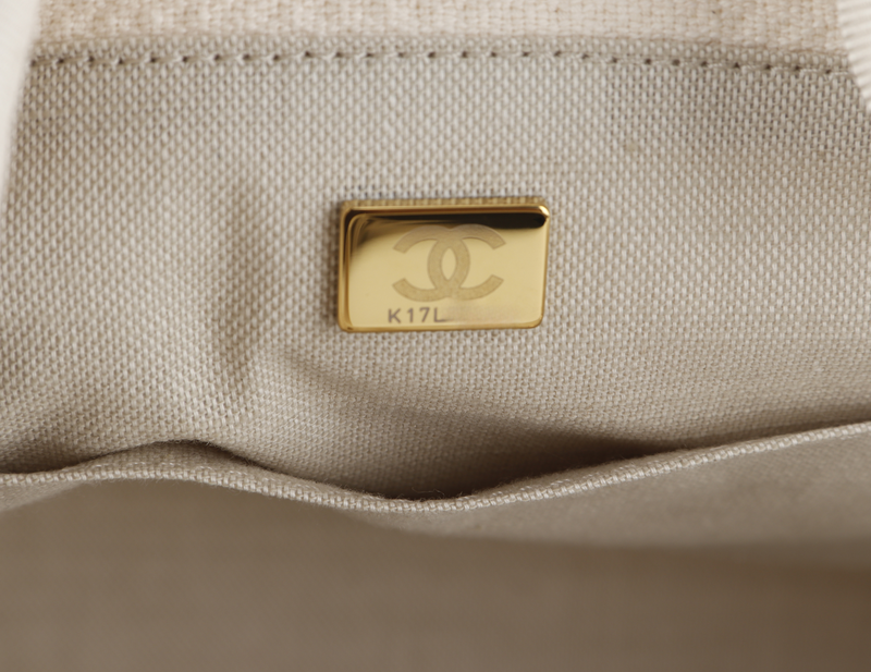 CHANEL DEAUVILLE SMALL BEIGE & WHITE CANVAS (K17Lxxxx) GOLD HARDWARE WITH DUST COVER AND BOX