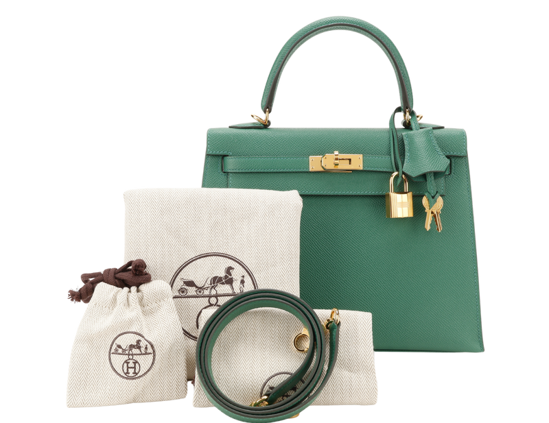 HERMES KELLY 25 SELLIER STAMP A (YEAR 2017) VERT VERTIGO EPSOM LEATHER GOLD HARDWARE WITH STRAP, KEYS, LOCK AND DUST COVER