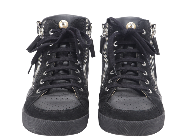 CHANEL BLACK LEATHER CC DOUBLE ZIP HIGH TOP SNEAKERS EU SIZE 38 WITH DUST COVER AND BOX