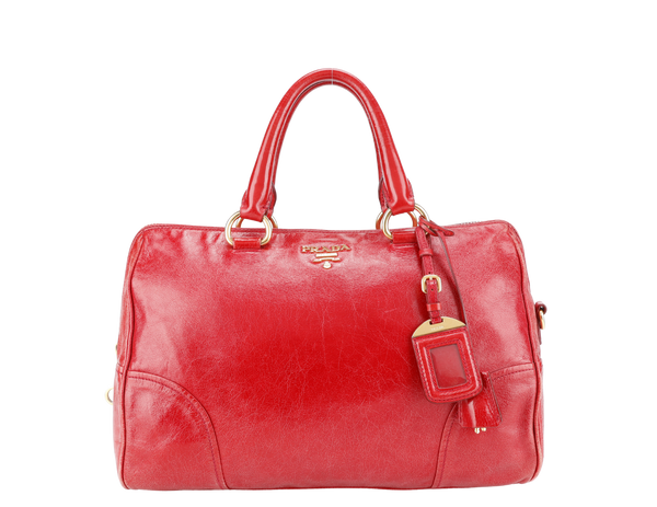 PRADA RED VITELLO SHINE LEATHER (BL0822) ZIP TOTE BAG WITH STRAPS, CARD, KEYS&LOCK AND DUST COVER