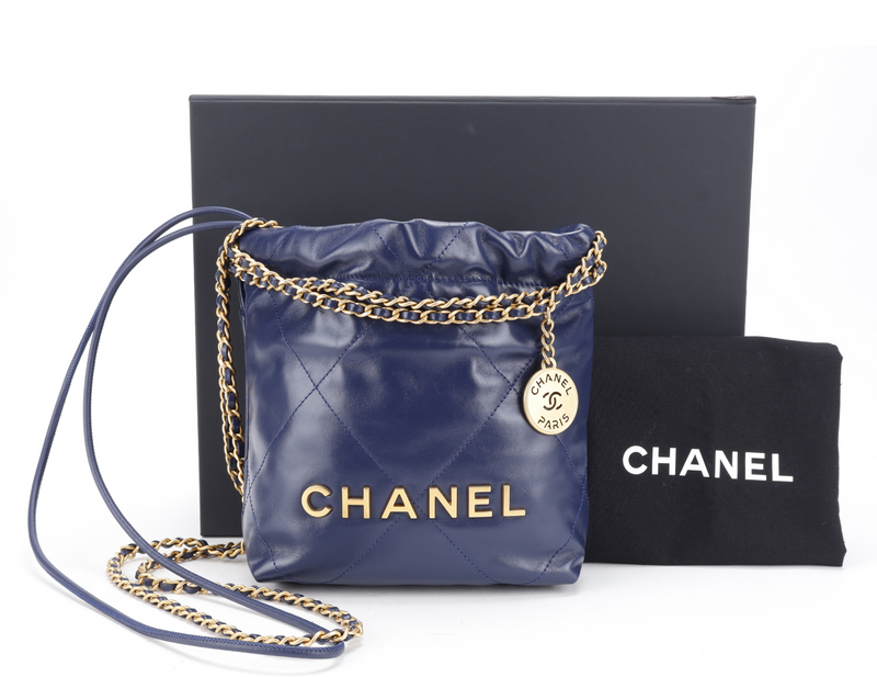 CHANEL MINI 22 (XE8Kxxxx) BLUE SHINY CALF LEATHER GOLD HARDWARE WITH DUST COVER, BOX AND PAPER BAG