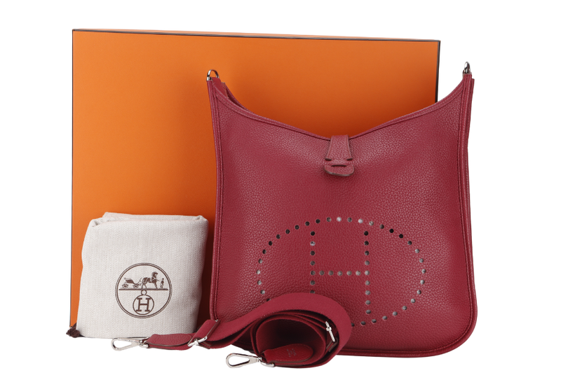 HERMES EVELYNE III GM RUBIS CLEMENCE LEATHER PHW STAMP R (YEAR 2014) WITH STRAP, DUST COVER AND BOX