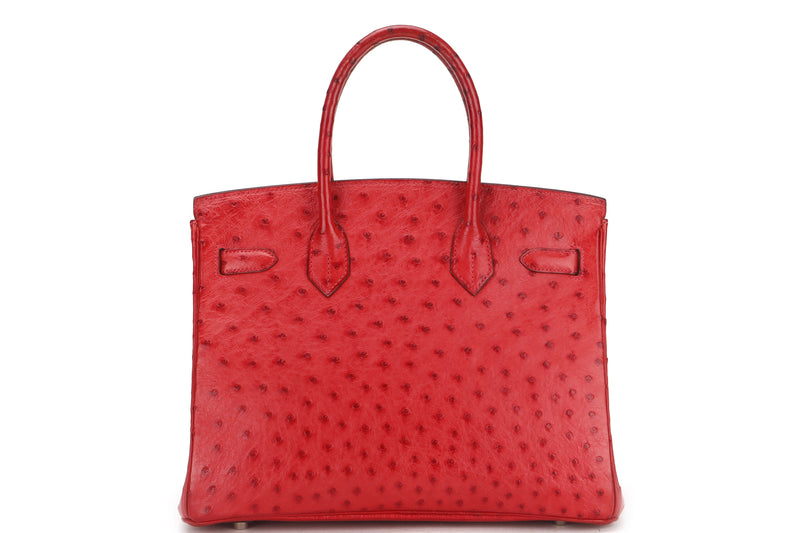 (EXOTIC) HERMES BIRKIN 30 (STAMP G (2003)) OSTRICH ROUGE VIF SILVER HARDWARE, WITH KEYS, LOCK & DUST COVER