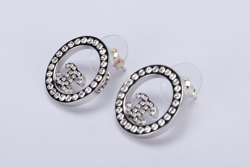 Chanel Earrings Metal & Diamantes Silver & Crystal, with Box