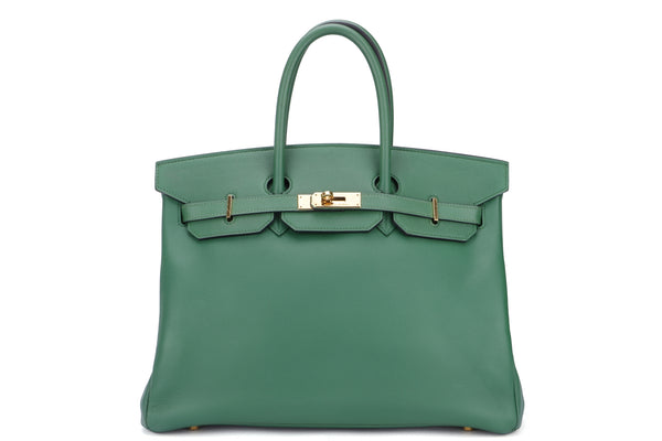 Hermes Birkin 35 (Stamp G) Green Color Courchevel Leather, Gold Hardware, with Keys, Lock & Dust Cover