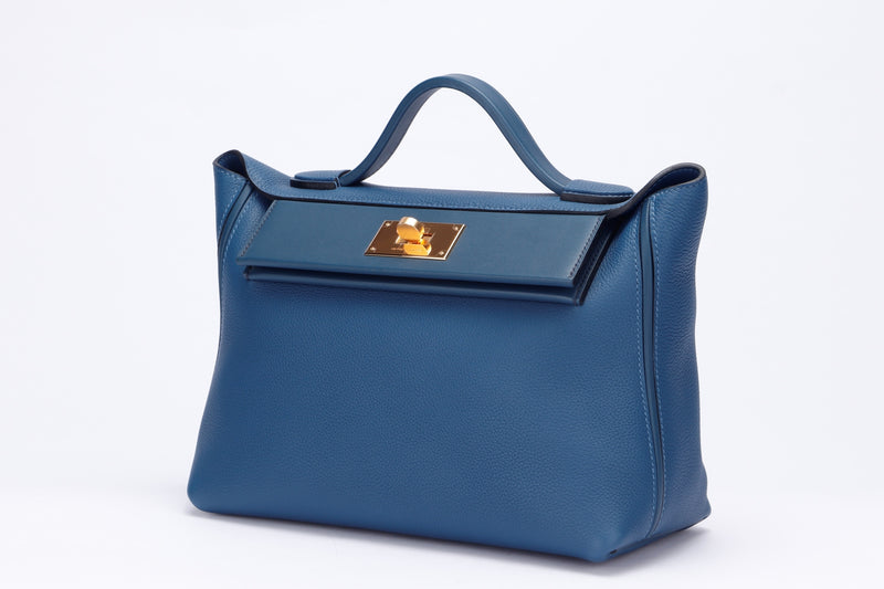 Hermes 24/24 (Stamp Z) width 29cm, Deep Blue Taurillon Maurice Bleu De Prusse Swift Leather Gold Hardware, with Strap, Dust Cover & Box