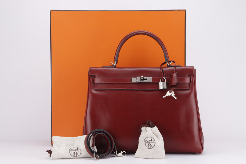 HERMES KELLY 35CM (STAMP O) ROUGH H BOX LEATHER, SILVER HARDWARE, WITH KEYS, LOCK, STRAP, RAINCOAT, DUST COVER & BOX