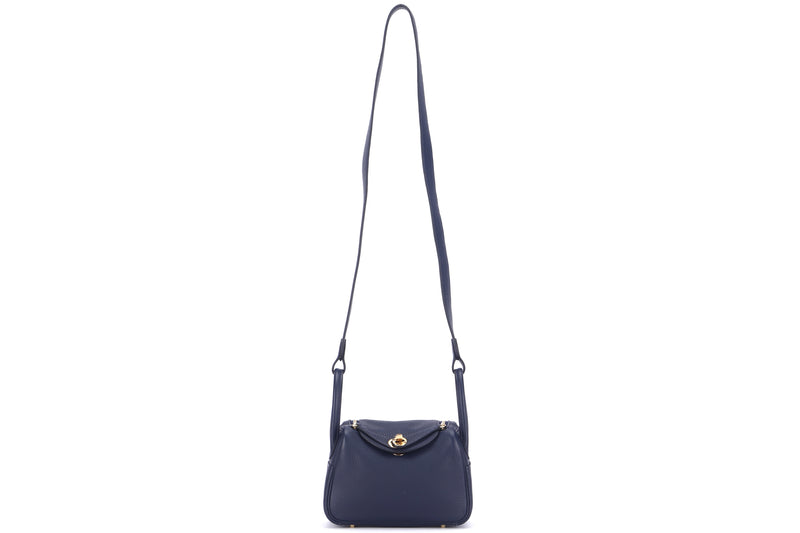 HERMES MINI LINDY (STAMP Y 2020) BLUE NUIT COLOR CLEMENCE LEATHER, GOLD HARDWARE, WITH DUST COVER & BOX
