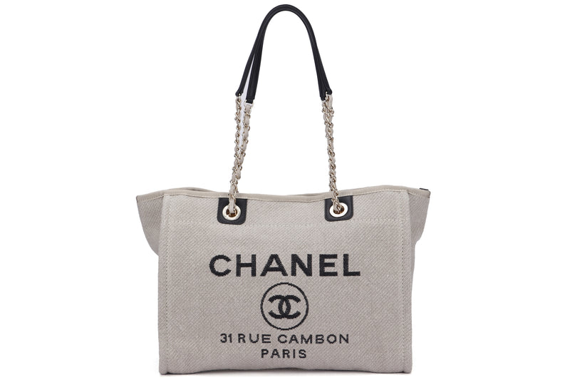 Chanel Deauville Tote (P7JKxxxx) PM Size, Khaki Color, Light Gold Hardware, with pouch & Dust Cover