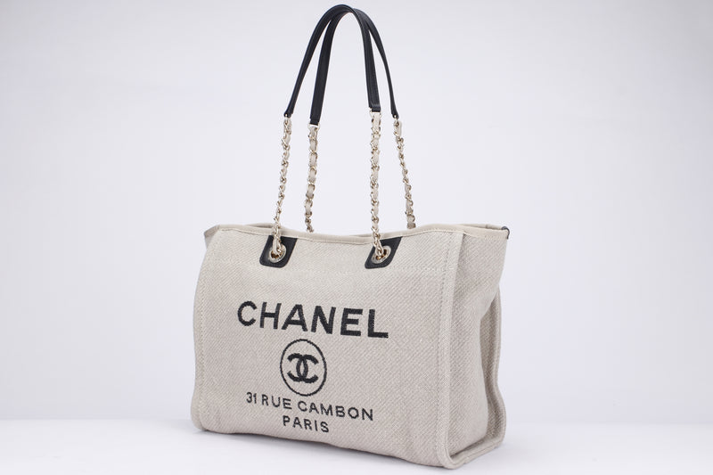 Chanel Deauville Tote (P7JKxxxx) PM Size, Khaki Color, Light Gold Hardware,  with pouch & Dust Cover