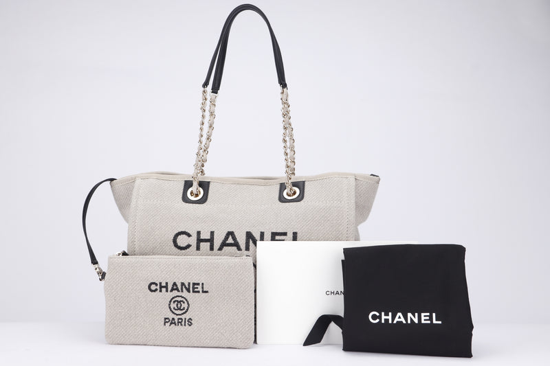 Chanel Deauville Tote (P7JKxxxx) PM Size, Khaki Color, Light Gold Hardware, with pouch & Dust Cover