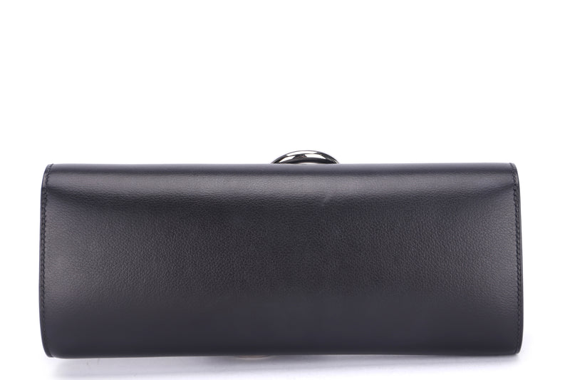 HERMES EGEE CLUTCH (STAMP T) BLACK BOX LEATHER, SILVER HARDWARE, WITH DUST COVER