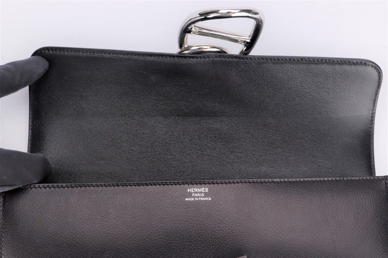HERMES EGEE CLUTCH (STAMP T) BLACK BOX LEATHER, SILVER HARDWARE, WITH DUST COVER