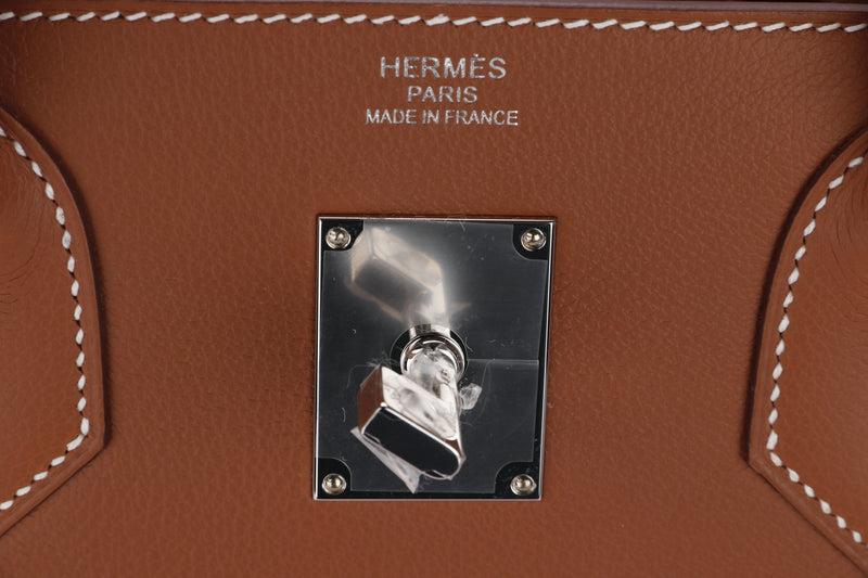 Hermes HAC Birkin Bag Toile and Brown Barenia with Gold Hardware