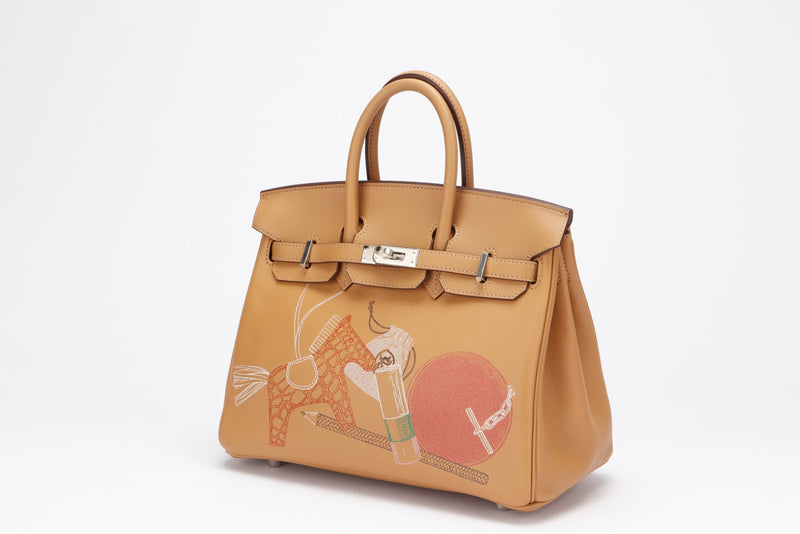 HERMES LIMITED EDITION BIRKIN 25 IN & OUT (STAMP Z) BISCUIT COLOR SWIFT LEATHER, PALLADIUM HARDWARE, WITH KEYS, LOCK, RAINCOAT, DUST COVER & BOX