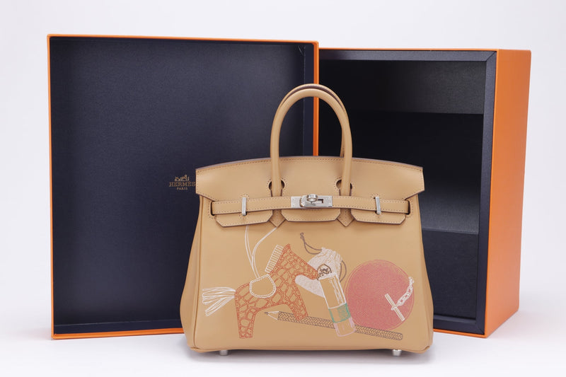 HERMES LIMITED EDITION BIRKIN 25 IN & OUT (STAMP Z) BISCUIT COLOR SWIFT LEATHER, PALLADIUM HARDWARE, WITH KEYS, LOCK, RAINCOAT, DUST COVER & BOX