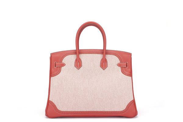 Hermes Birkin 35 (Stamp R) Ghillies Sanguine Tadelakt & Toile, Silver Hardware, with Keys, Lock, Raincoat & Dust Cover