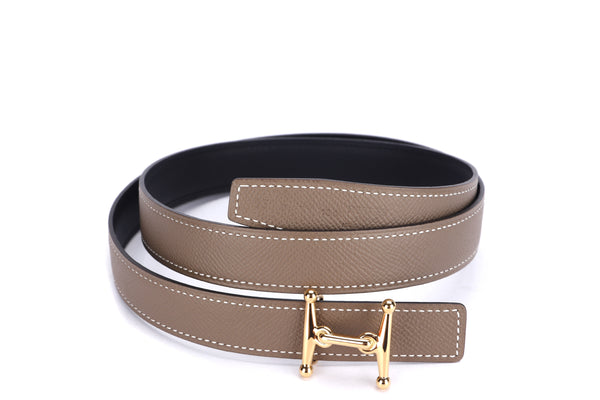 HERMES MORS H BELT GOLD BUCKLE & REVERSIBLE BLACK & ETOUPE LEATHER STRAP 24MM, WITH DUST COVER & BOX