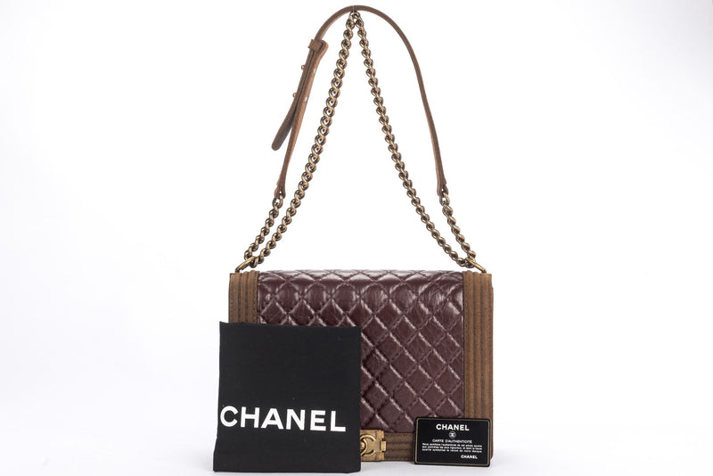 Chanel Le Boy Large Size Burgundy Distressed Leather Brown Suede Trim Gold Chain