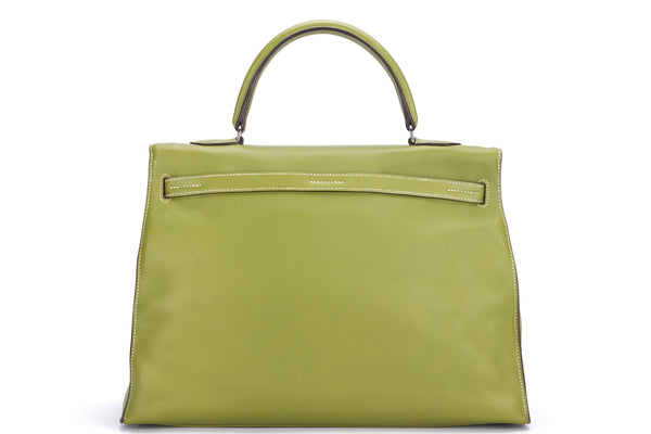 HERMES KELLY FLAT 35 (STAMP L) VERT ANIS SWIFT LEATHER, SHW, WITH STRAP & DUST COVER