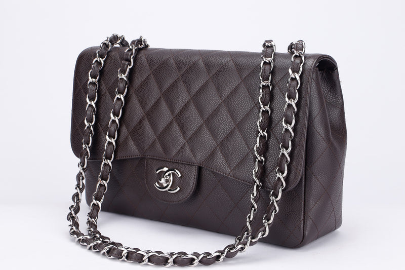 Chanel Classic 2.55 Jumbo Single Flap (1301xxxx) Brown Caviar Silver Chain, width 30cm with Card, no Dust Cover