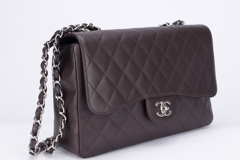 Chanel Classic 2.55 Jumbo Single Flap (1301xxxx) Brown Caviar Silver Chain, width 30cm with Card, no Dust Cover