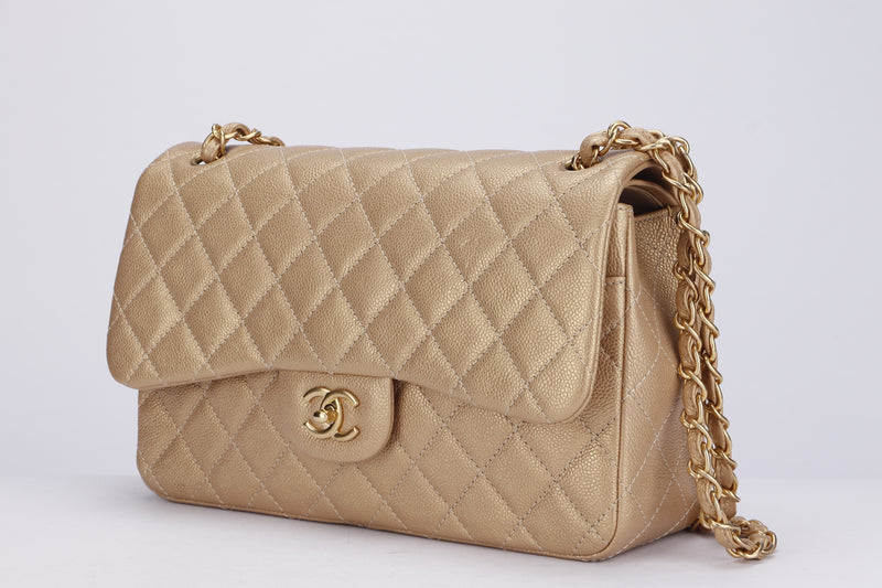 Chanel Classic Flap (2061xxxx) Jumbo Gold Caviar, Gold Chain, with Card & Dust Cover