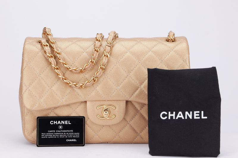 Chanel Classic Flap (2061xxxx) Jumbo Gold Caviar, Gold Chain, with Card &  Dust Cover