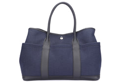 HERMES GARDEN PARTY POCKET 36CM (STAMP X GS 008 HI) BLUE CANVAS WITH BLACK LEATHER TRIM, WITH STRAP & DUST COVER