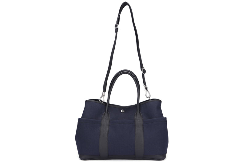 Hermes Garden Party Pocket 36cm (Stamp X GS 008 HI) Blue Canvas with Black Leather Trim, with Strap & Dust Cover