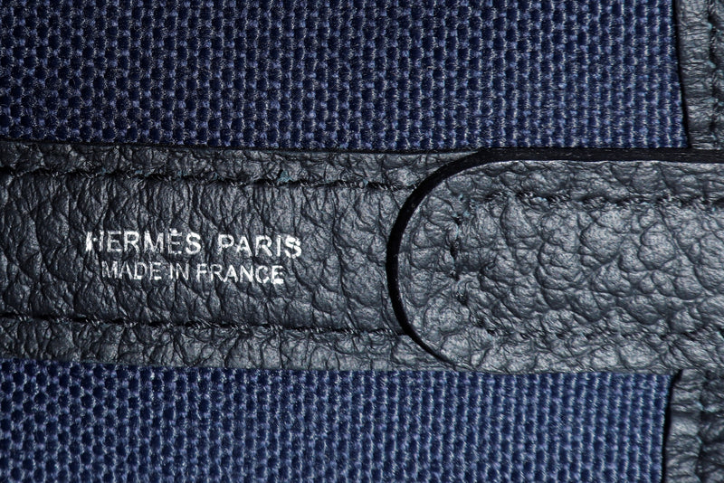 Hermes Garden Party Pocket 36cm (Stamp X GS 008 HI) Blue Canvas with Black Leather Trim, with Strap & Dust Cover