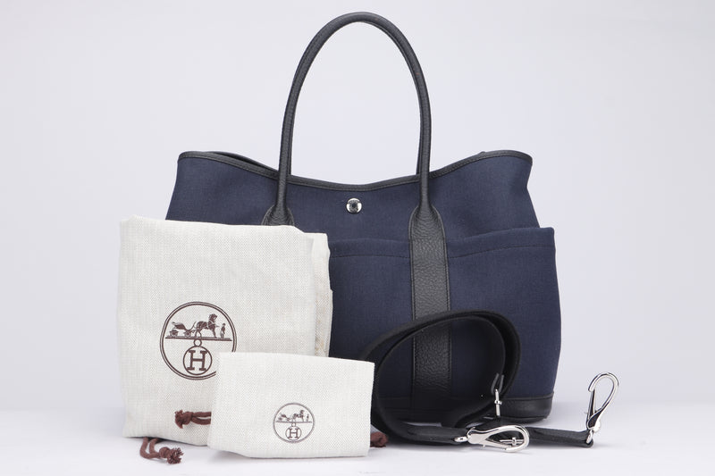 Hermes Garden Party Pocket 36cm (Stamp X GS 008 HI) Blue Canvas with Black  Leather Trim, with Strap & Dust Cover