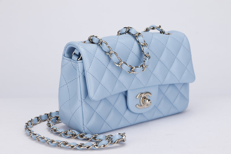 Chanel Mini Classic Flap (N5XXxxxx) Baby Blue Lambskin, Light Gold  Hardware, with Dust Cover & Box