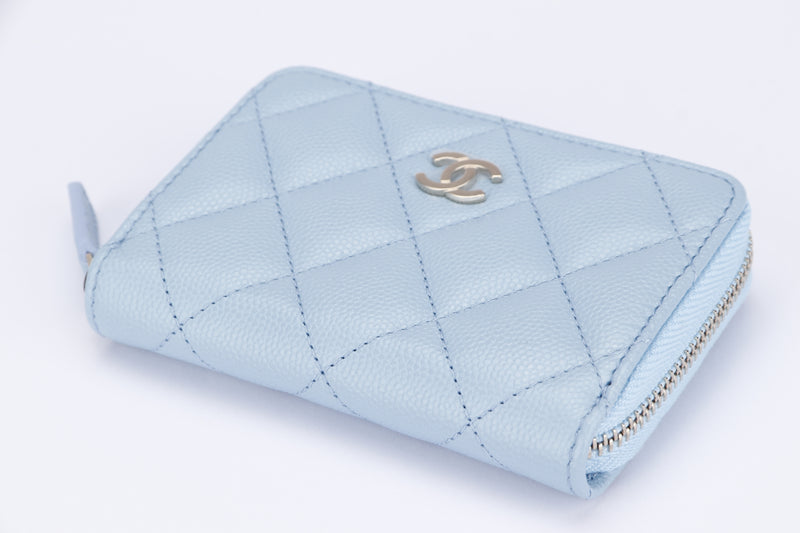 CHANEL BABY BLUE CAVIAR ZIPPY CARD HOLDER (3199XXXX) LIGHT GOLD HARDWARE, WITH CARD, DUST COVER & BOX