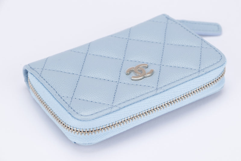 CHANEL BABY BLUE CAVIAR ZIPPY CARD HOLDER (3199XXXX) LIGHT GOLD HARDWARE, WITH CARD, DUST COVER & BOX