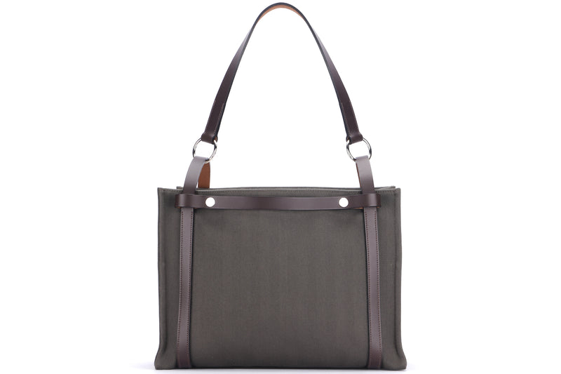 HERMES CABALICOL OLIVE GREEN CANVAS x EBENE VACHE HUNTER LEATHER TRIM TOTE (STAMP O SQUARE), W38CM, WITH DUST COVER