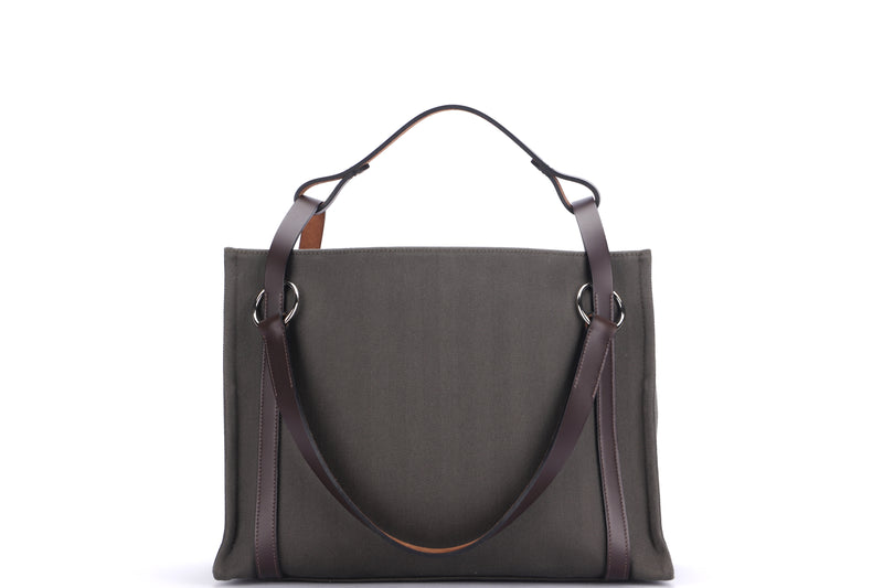 HERMES CABALICOL OLIVE GREEN CANVAS x EBENE VACHE HUNTER LEATHER TRIM TOTE (STAMP O SQUARE), W38CM, WITH DUST COVER