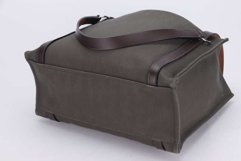 HERMES CABALICOL OLIVE GREEN CANVAS x EBENE VACHE HUNTER LEATHER TRIM TOTE (STAMP O SQUARE), W38CM, WITH DUST COVER