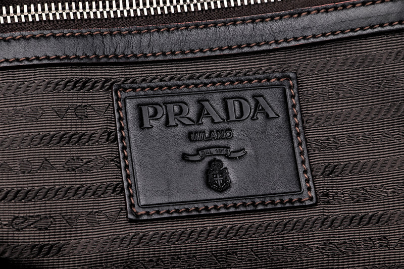 PRADA VS0306 LOGO JACQUARD BROWN, LEATHER TRIM BOWLER BAG, WITH CARD, LOCK (CODE 00) & DUST COVER
