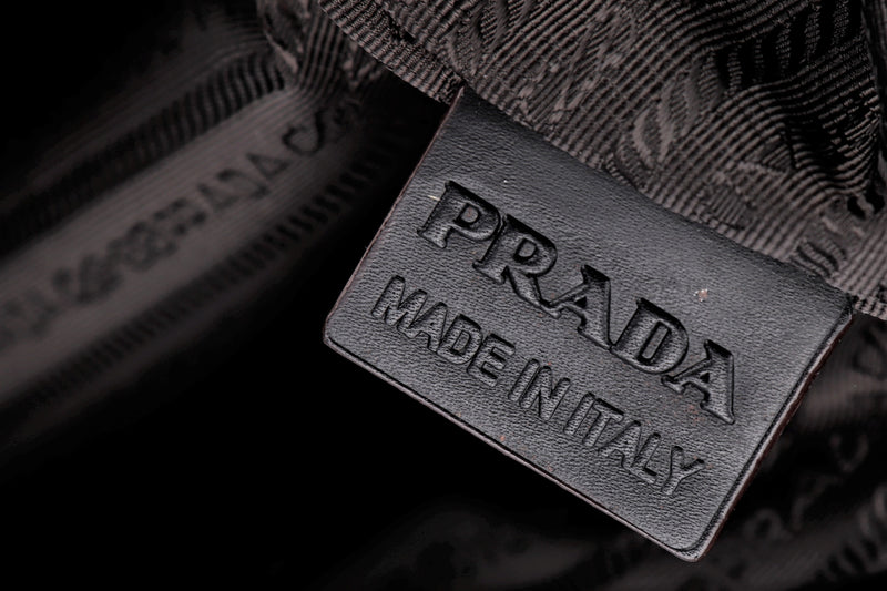 PRADA VS0306 LOGO JACQUARD BROWN, LEATHER TRIM BOWLER BAG, WITH CARD, LOCK (CODE 00) & DUST COVER