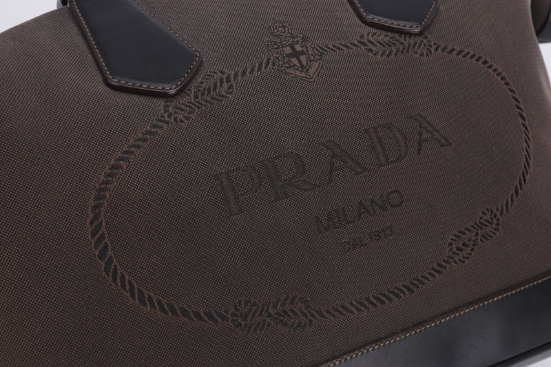 PRADA VS0306 LOGO JACQUARD BROWN, LEATHER TRIM BOWLER BAG, WITH CARD, LOCK (CODE 00) & DUST COVER