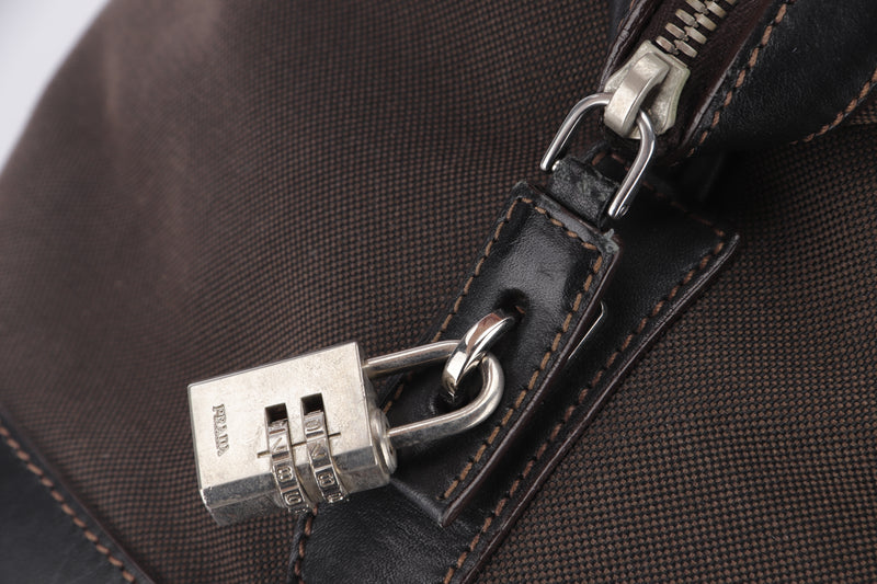 PRADA VS0306 LOGO JACQUARD BROWN, LEATHER TRIM BOWLER BAG, WITH CARD, LOCK (CODE 00) & DUST COVER