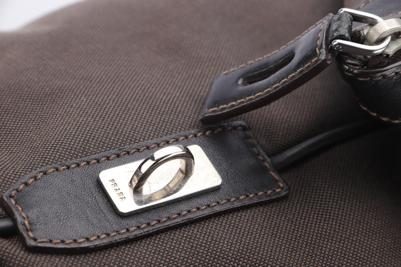 PRADA VS0306 LOGO JACQUARD BROWN, LEATHER TRIM BOWLER BAG, WITH CARD, LOCK (CODE 00) & DUST COVER