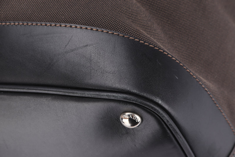 PRADA VS0306 LOGO JACQUARD BROWN, LEATHER TRIM BOWLER BAG, WITH CARD, LOCK (CODE 00) & DUST COVER