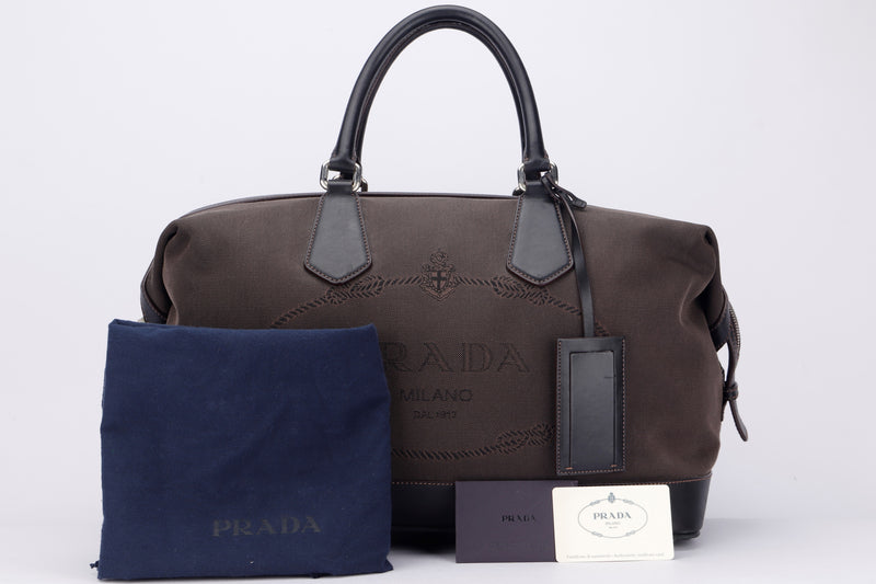 PRADA VS0306 LOGO JACQUARD BROWN, LEATHER TRIM BOWLER BAG, WITH CARD, LOCK (CODE 00) & DUST COVER