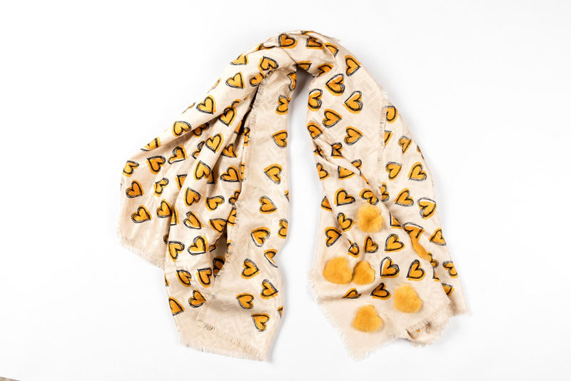 Fendi EXT100 1400mm X 1400mm Silk & Wool Shawl Light Beige Yellow Heart Shape, Mink Fur, no Box