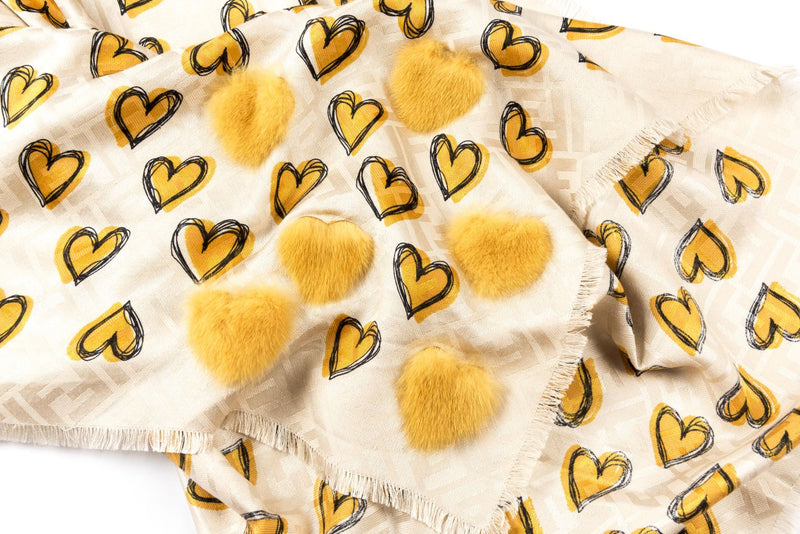 Fendi EXT100 1400mm X 1400mm Silk & Wool Shawl Light Beige Yellow Heart Shape, Mink Fur, no Box